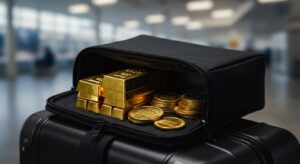 gold bars and coins neatly packed in a black travel pouch