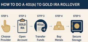 Step-by-step visual of rolling over a 401k into a Gold IRA with approved metals and secure storage