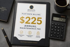 Infographic detailing the predictable flat-rate annual gold IRA custodian and storage fees charged by Augusta Precious Metals