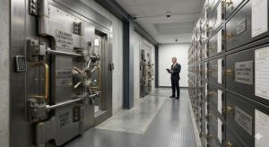 Inside a high-security IRS approved precious metals depository vault featuring secure segregated storage drawers for physical retirement gold