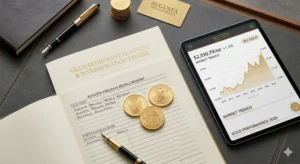Augusta Precious Metals reviews guide featuring physical gold bullion coins on an investor portfolio planning table