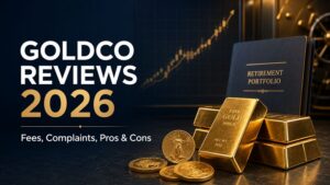 Goldco Reviews 2026 with gold bars, bullion coins and a retirement portfolio. Goldco Reviews 2026 with gold bars, bullion coins and a retirement portfolio.