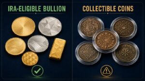 IRA-eligible gold and silver bullion compared with collectible coins.
